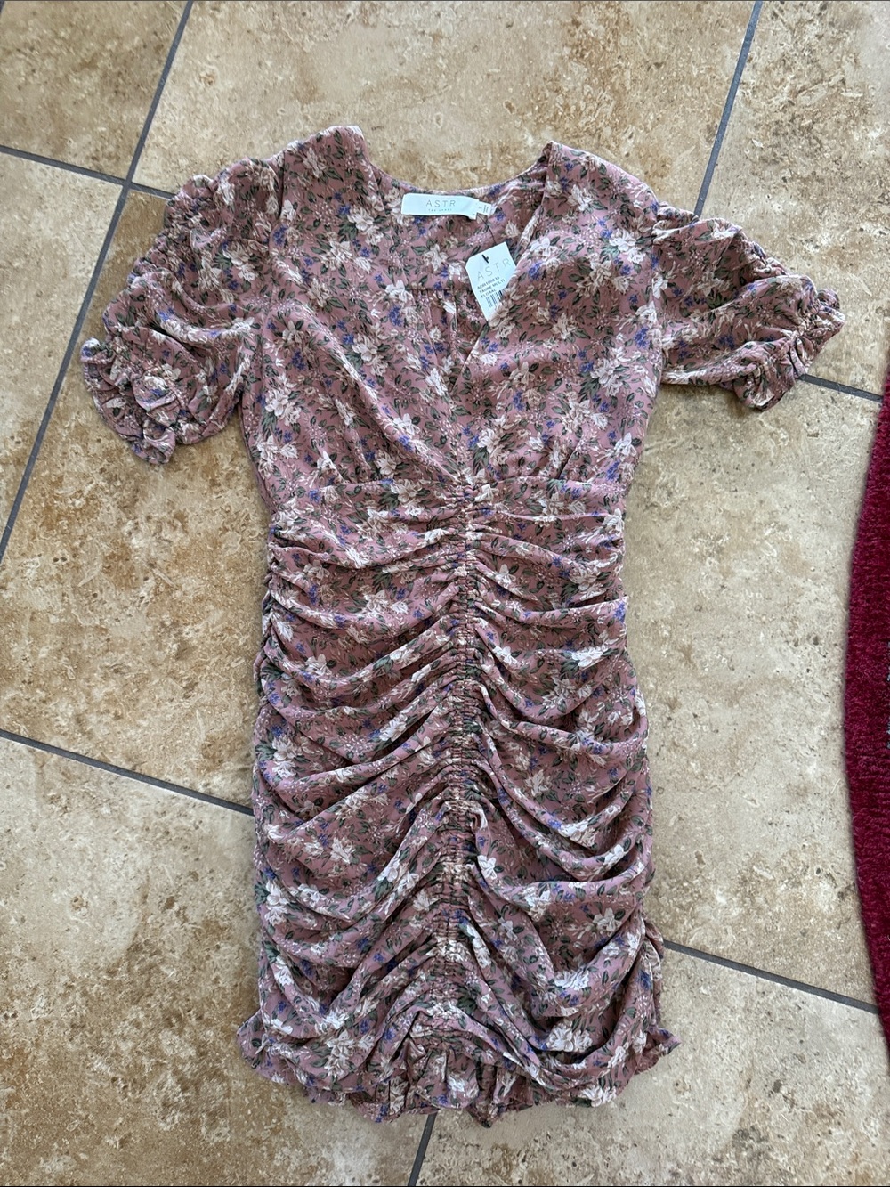 Astr The Label- Dusty Mauve Floral Ruched Mini Dress